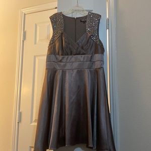 Taupe Robbie Bee Evening Dress with Sequin detail on shoulder